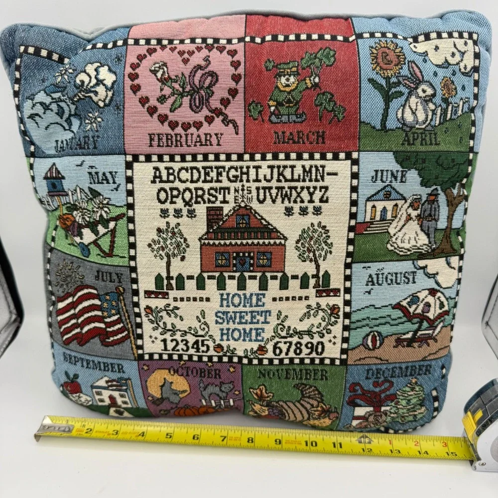 VTG Tapestry Pillow Calendar Sampler Folk Art Cottagecore Cozy Home Farmhouse